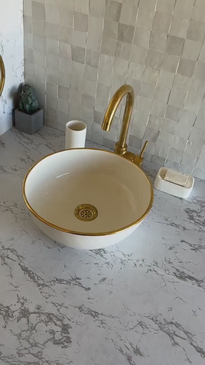 Handmade Moroccan Ceramic Sink Golden rim 14k #129